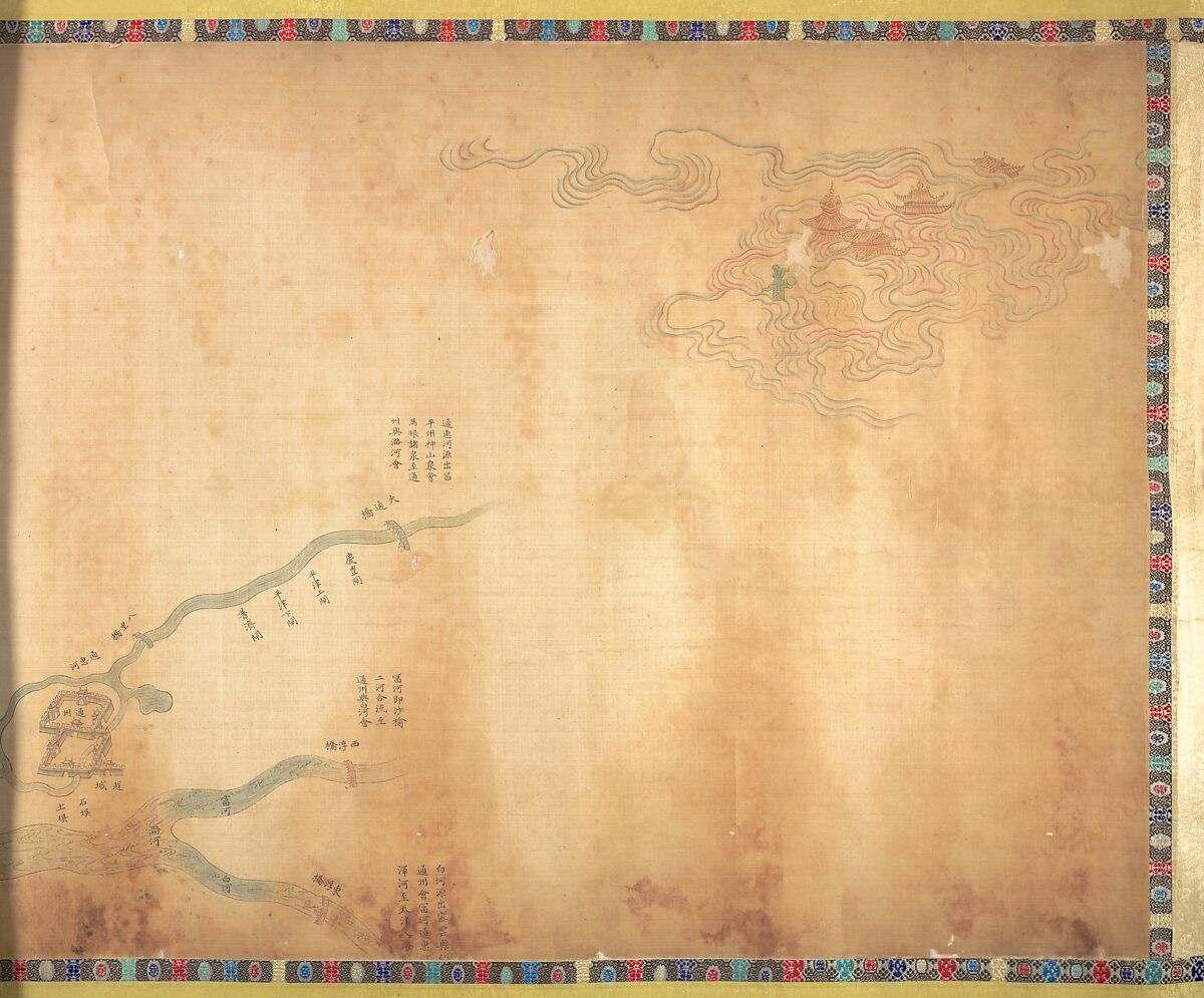 Map of the Grand Canal from Beijing to the Yangzi River, Unidentified artist (Chinese, late 18th or early 19th century), Handscroll; ink and color on silk, China