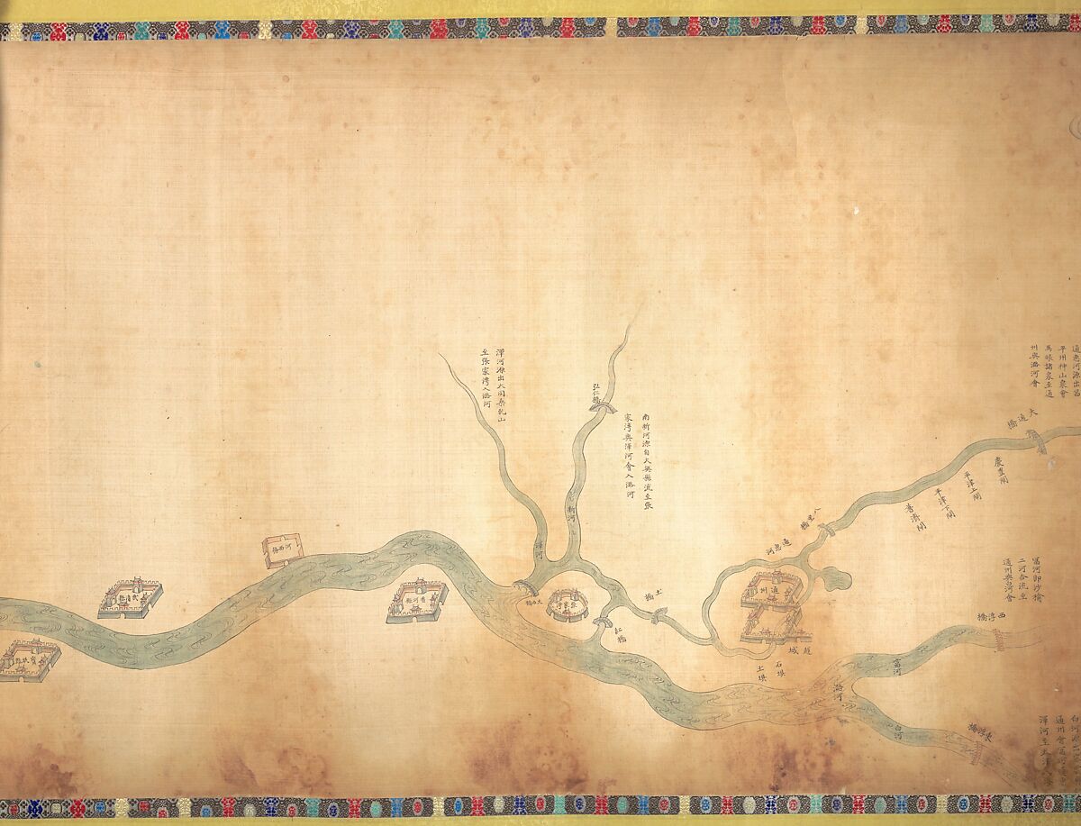 Map of the Grand Canal from Beijing to the Yangzi River, Unidentified artist (Chinese, late 18th or early 19th century), Handscroll; ink and color on silk, China