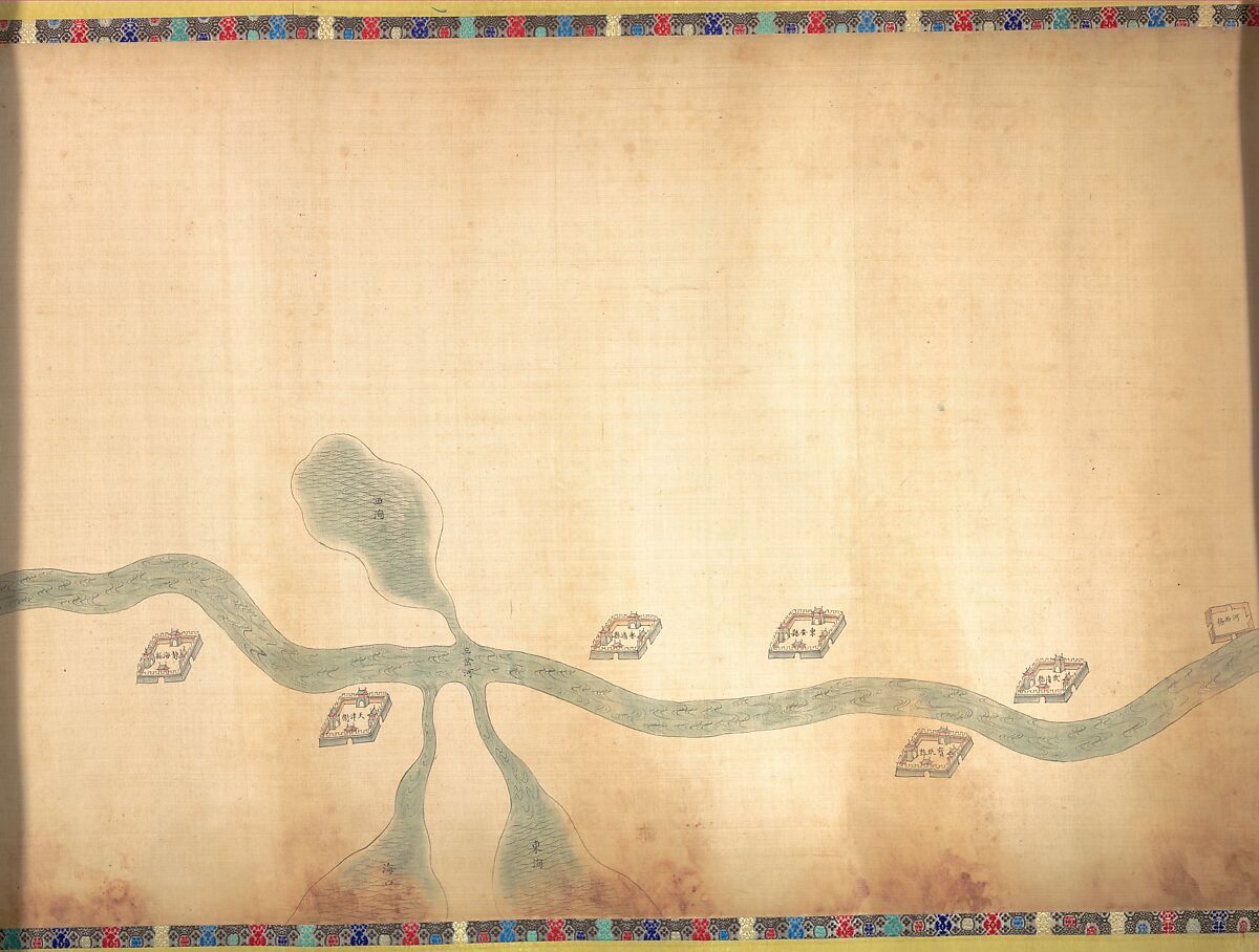 Map of the Grand Canal from Beijing to the Yangzi River, Unidentified artist (Chinese, late 18th or early 19th century), Handscroll; ink and color on silk, China