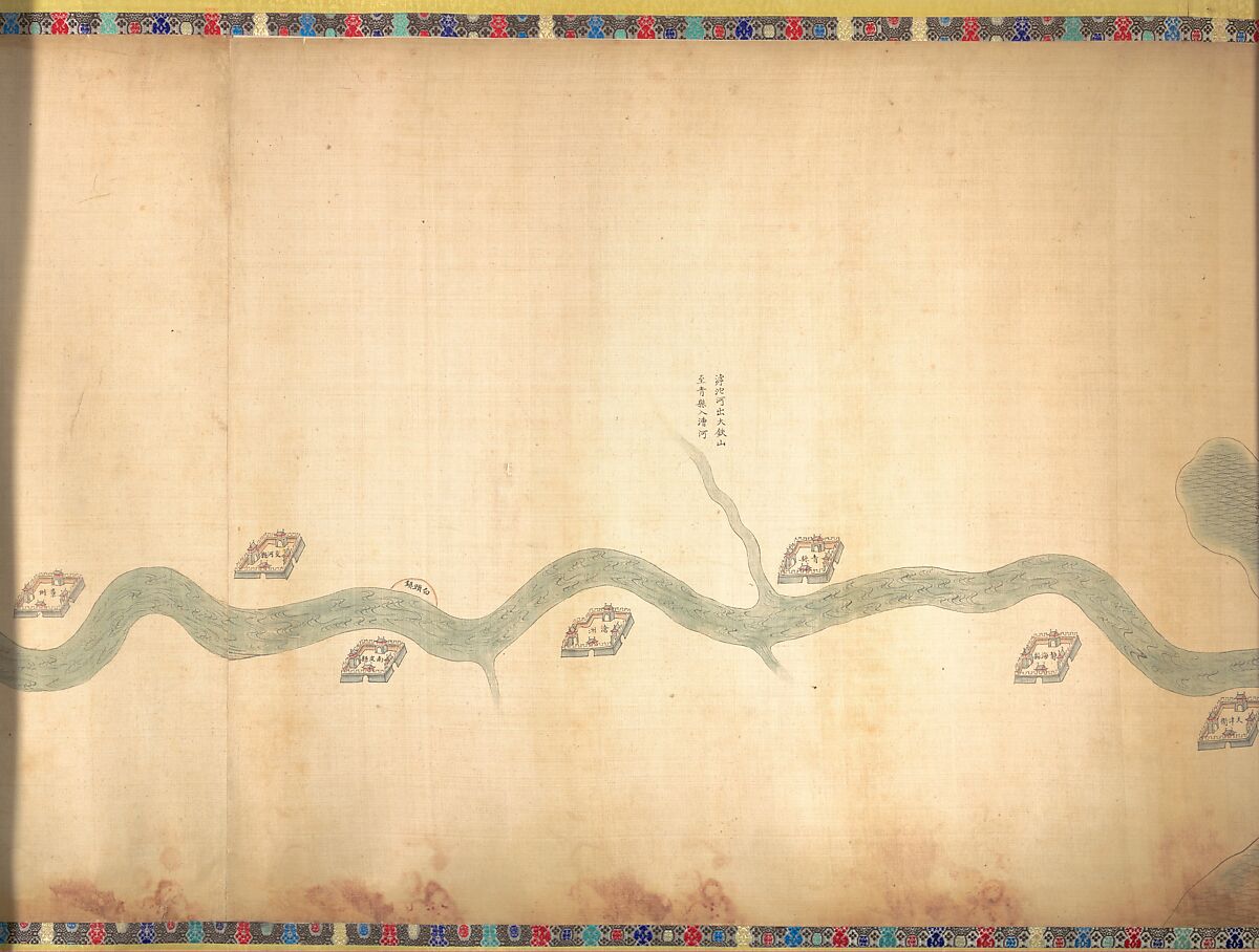 Map of the Grand Canal from Beijing to the Yangzi River, Unidentified artist (Chinese, late 18th or early 19th century), Handscroll; ink and color on silk, China