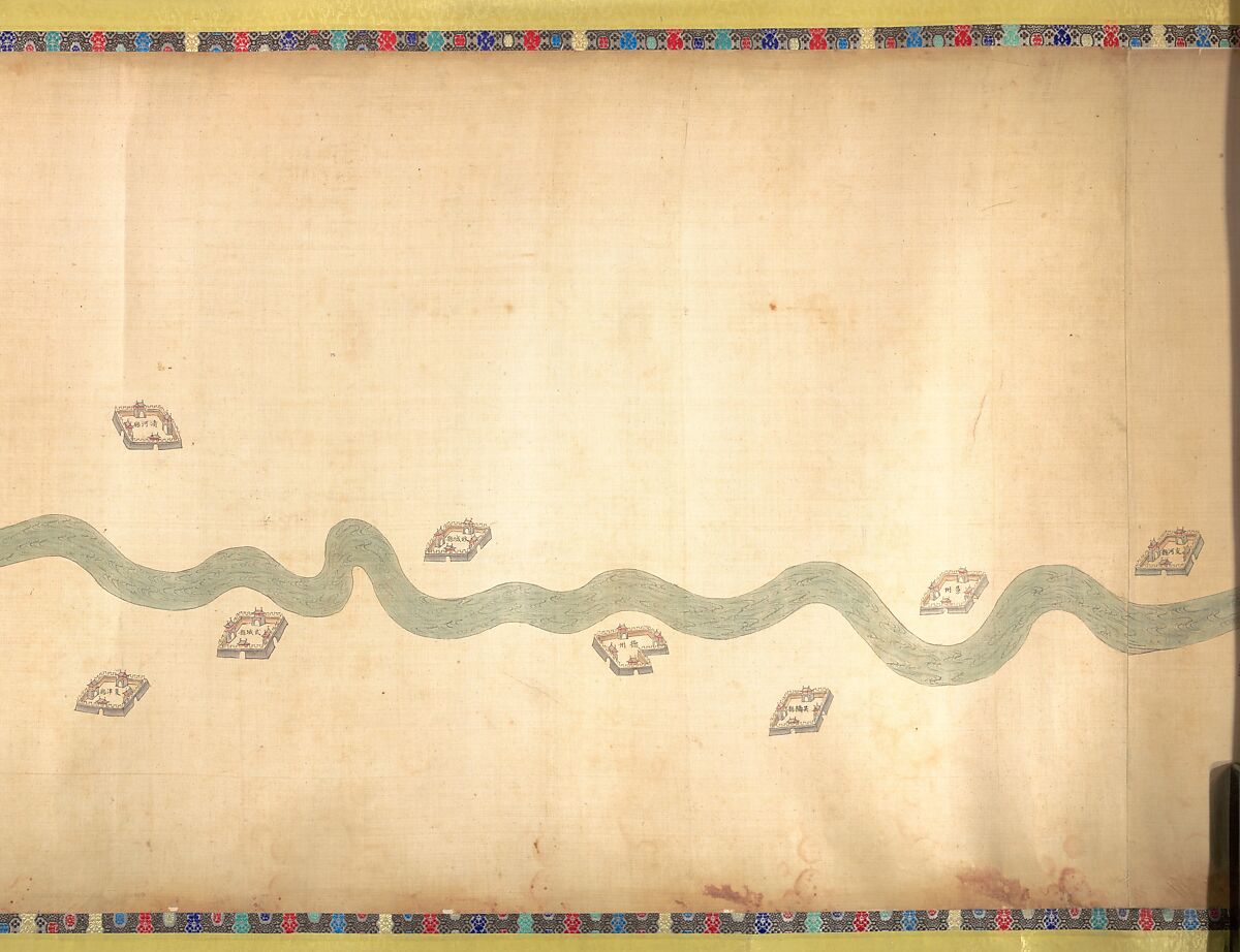 Map of the Grand Canal from Beijing to the Yangzi River, Unidentified artist (Chinese, late 18th or early 19th century), Handscroll; ink and color on silk, China