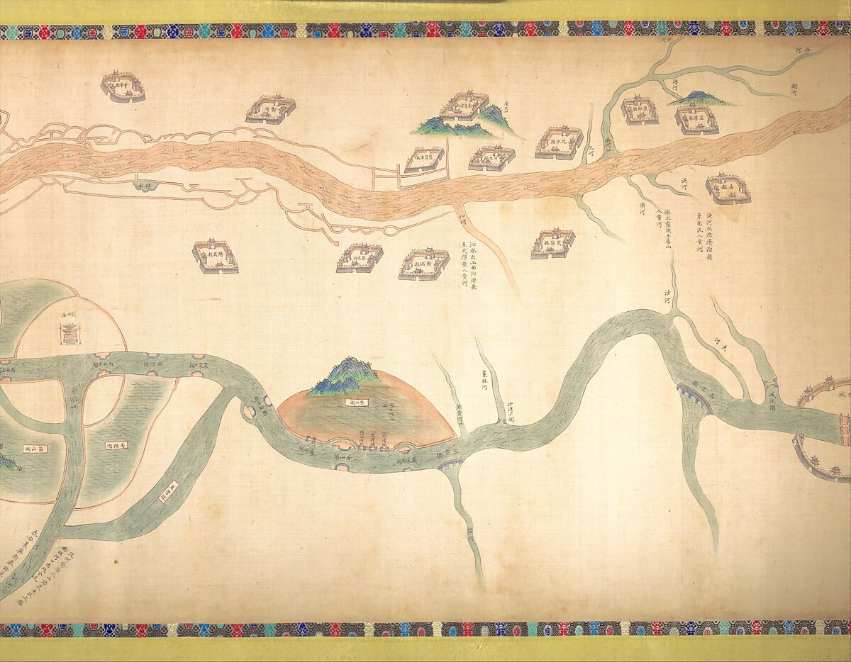 Map of the Grand Canal from Beijing to the Yangzi River, Unidentified artist (Chinese, late 18th or early 19th century), Handscroll; ink and color on silk, China 