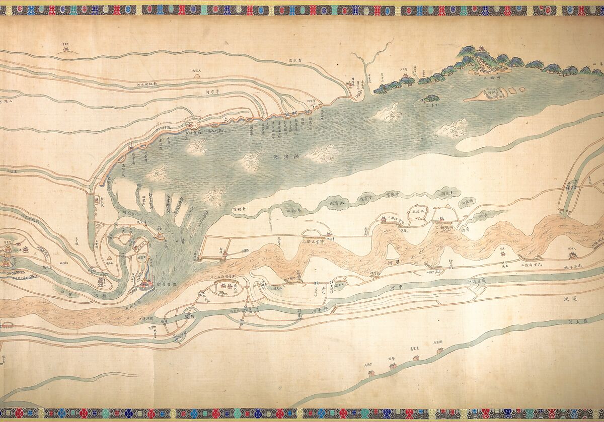 Map of the Grand Canal from Beijing to the Yangzi River, Unidentified artist (Chinese, late 18th or early 19th century), Handscroll; ink and color on silk, China