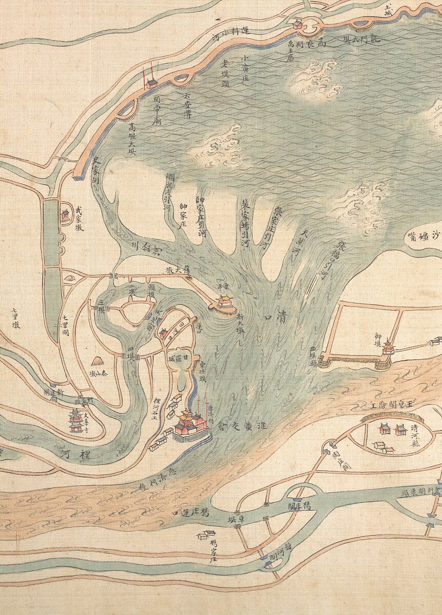 Map of the Grand Canal from Beijing to the Yangzi River, Unidentified artist (Chinese, late 18th or early 19th century), Handscroll; ink and color on silk, China
