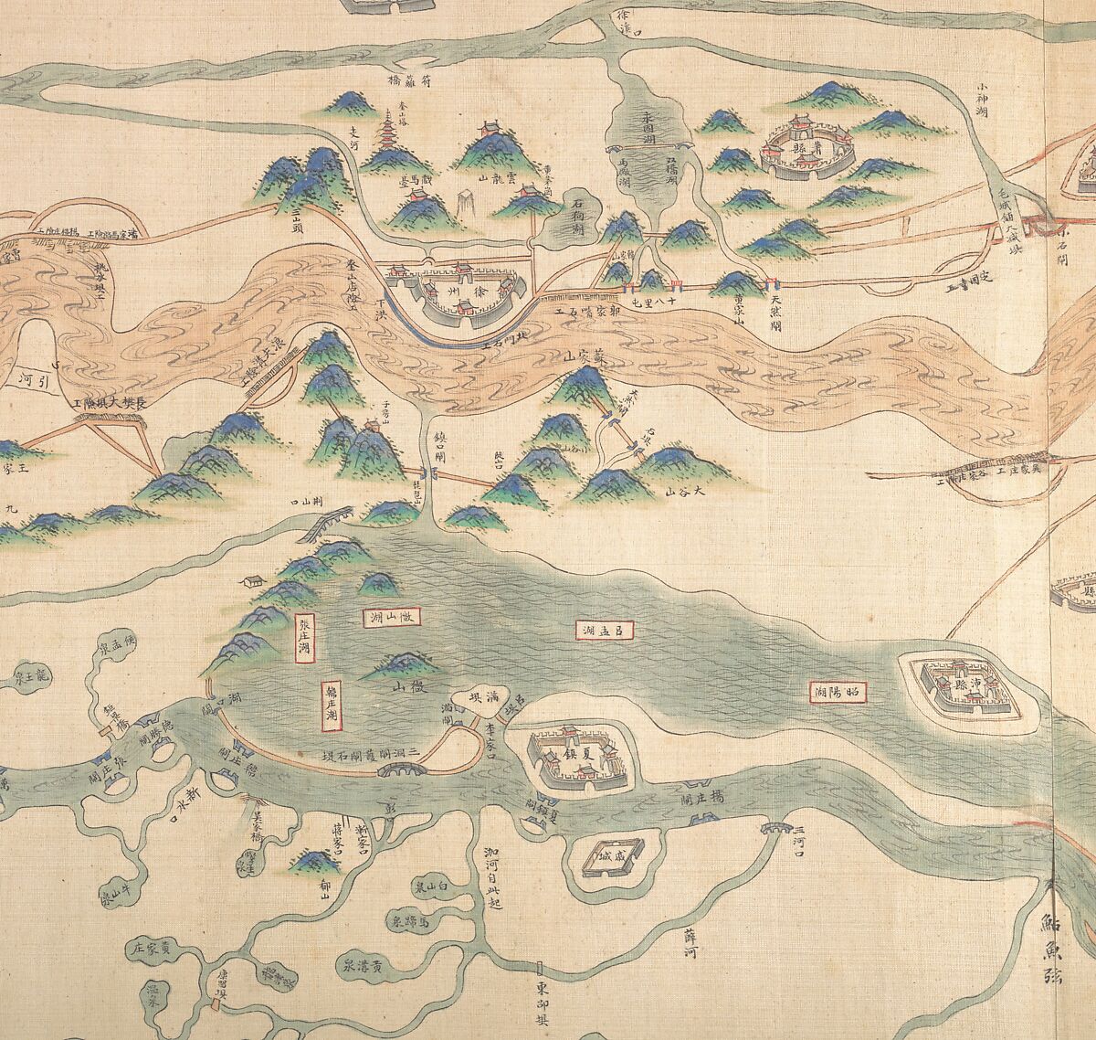 Map of the Grand Canal from Beijing to the Yangzi River, Unidentified artist (Chinese, late 18th or early 19th century), Handscroll; ink and color on silk, China