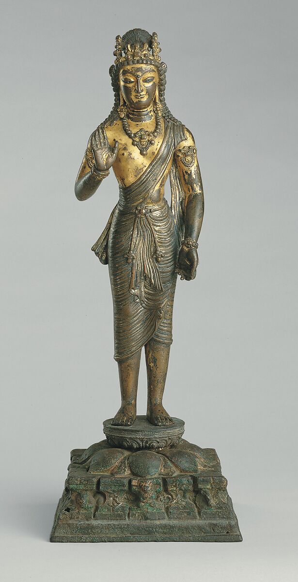 Standing Bodhisattva Maitreya, Copper alloy, gilded and silvered, with silver inlay, Pakistan (likely Swat Valley or Gilgit region) 