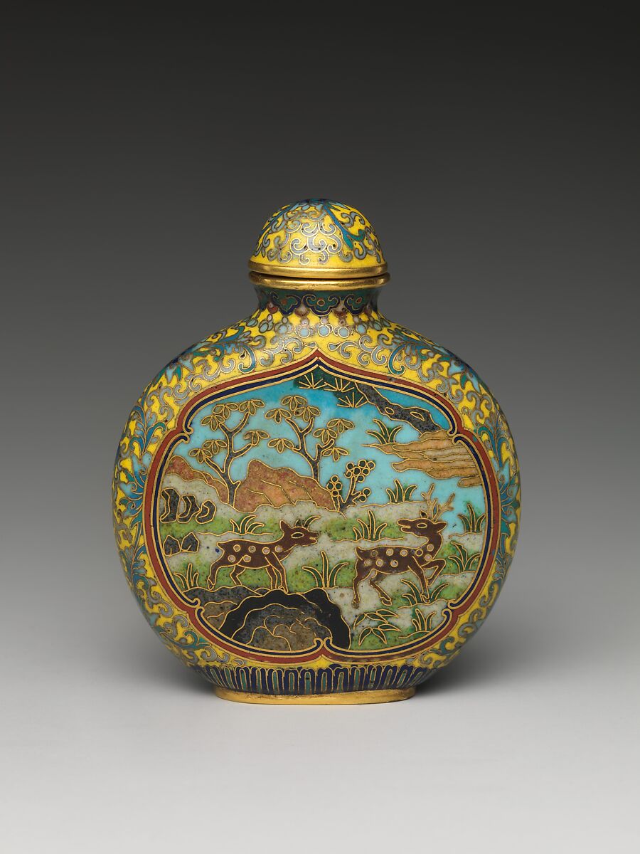 Snuff Bottle with Cranes under a Pine Tree, Cloisonné enamel, China