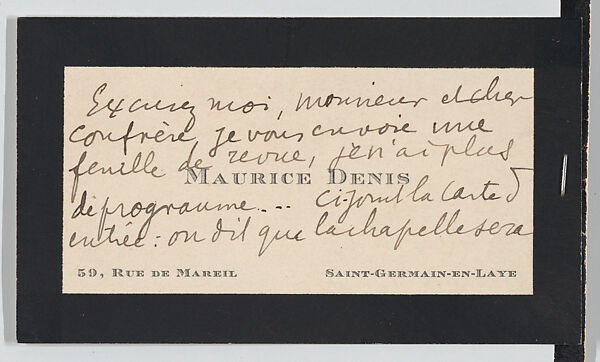 Maurice Denis, calling card, envelope, and concert ticket, Anonymous, Engraving and letterpress 
