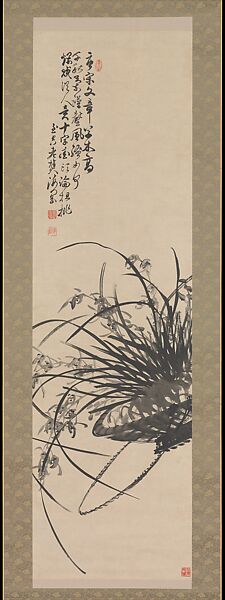 Orchids in Hanging Basket, Kim Gyujin (Korean, 1868–1933) (artist name: Haegang), Hanging scroll; ink on paper, Korea 