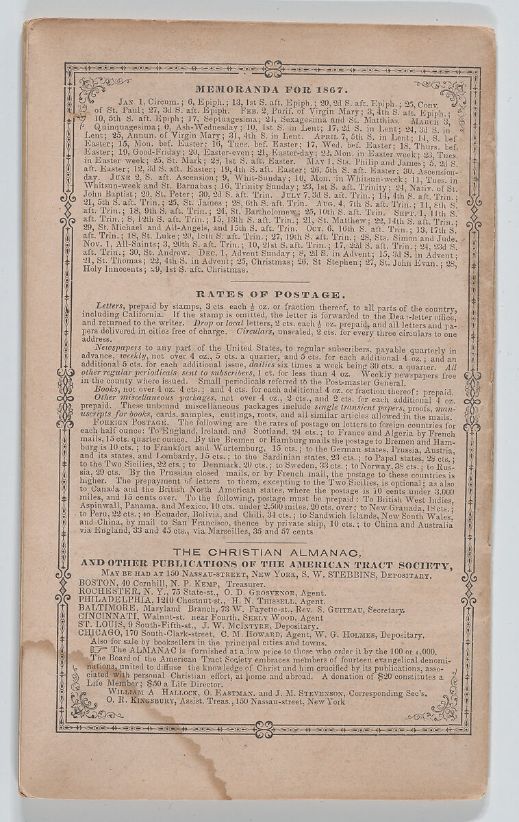 The Family Christian Almanac for the United States, for the year of our Lord and Savior Jesus Christ, 1867, Samuel Hart Wright (American, 1825–1905), Pamphlet: illustrated with wood engravings