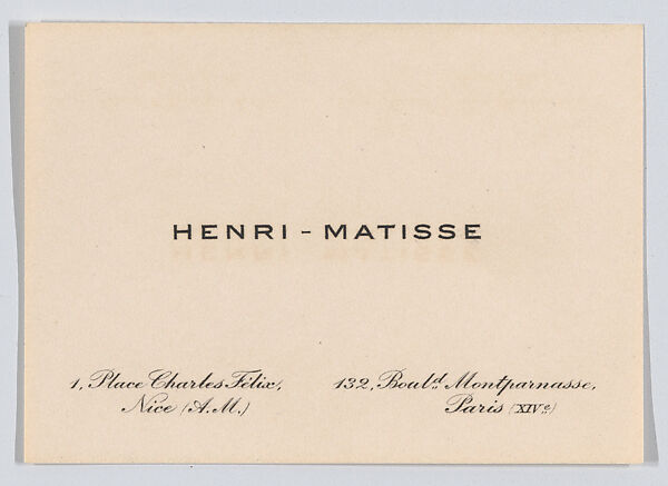 Henri Matisse, calling card and envelope, Anonymous, Engraving 