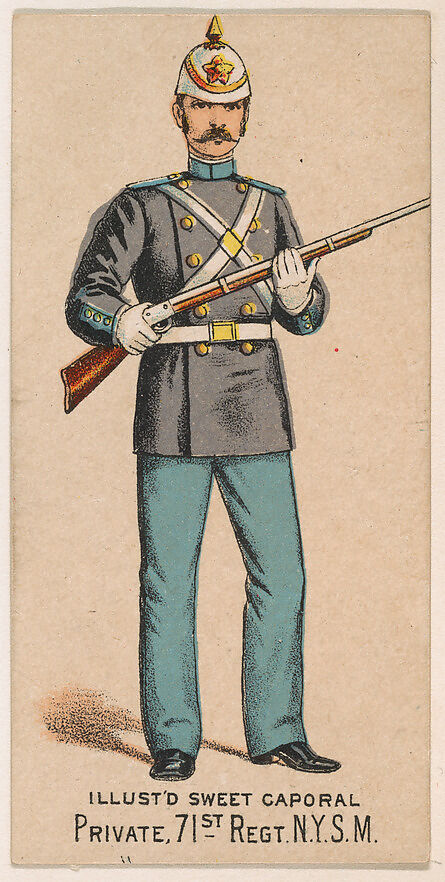 Private, 71st Regiment, New York State Militia, from the Military Series (N224) issued by Kinney Tobacco Company to promote Sweet Caporal Cigarettes, Issued by Kinney Brothers Tobacco Company, Commercial color lithograph 