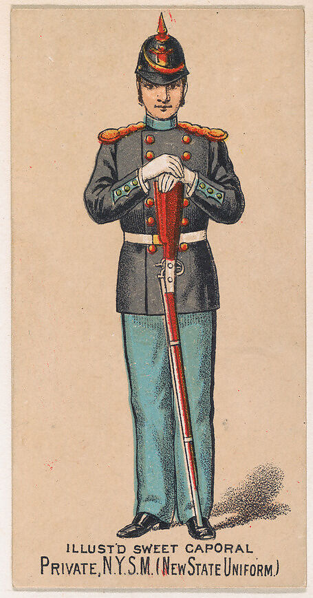 New State Uniform, Private, New York State Militia, from the Military Series (N224) issued by Kinney Tobacco Company to promote Sweet Caporal Cigarettes, Issued by Kinney Brothers Tobacco Company, Commercial color lithograph 
