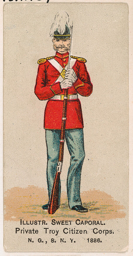 Private, Troy Citizen Corps., National Guard of the State of New York, 1886, from the Military Series (N224) issued by Kinney Tobacco Company to promote Sweet Caporal Cigarettes, Issued by Kinney Brothers Tobacco Company, Commercial color lithograph 