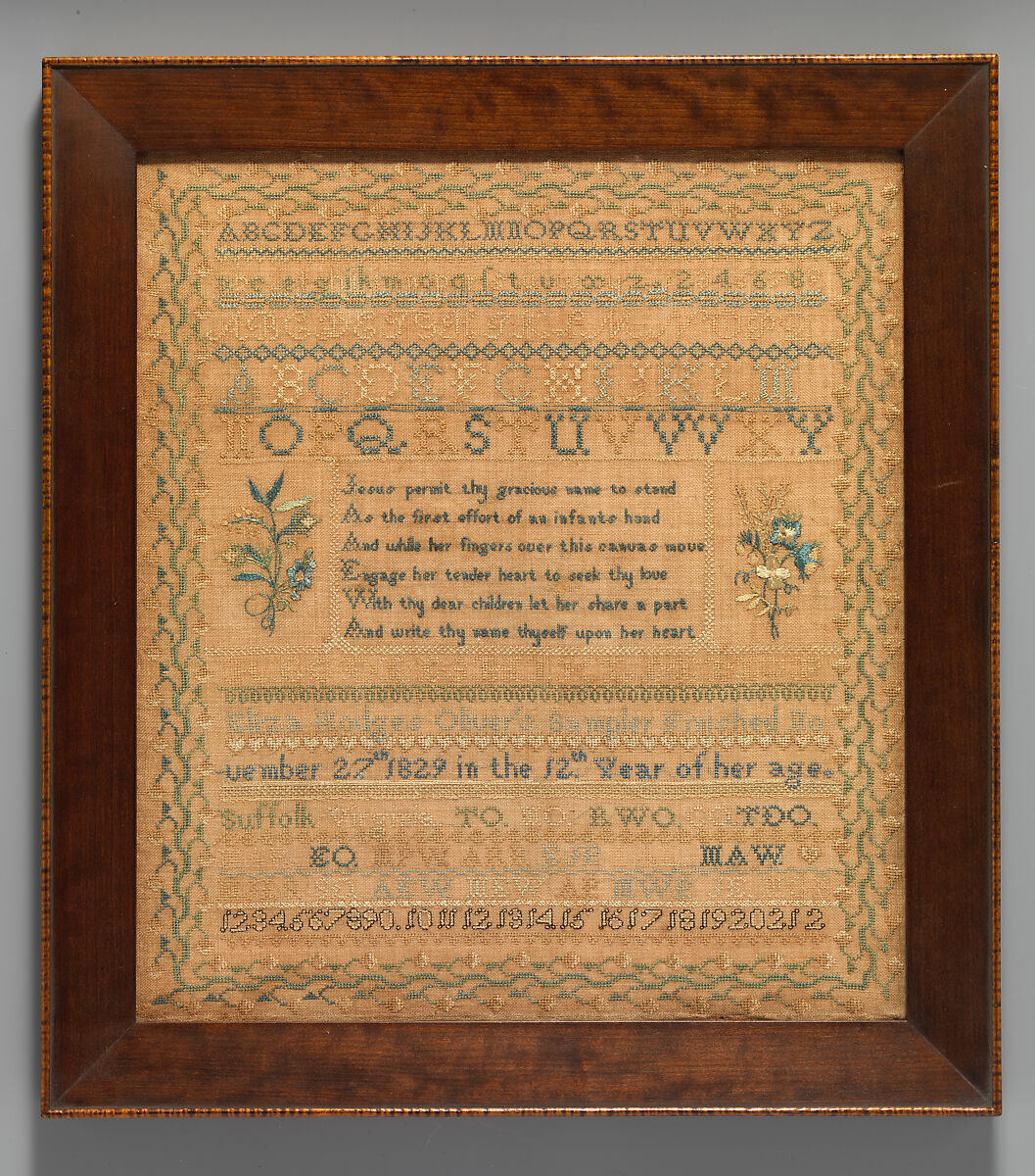 Sampler, Eliza Hodges Oliver (American, Suffolk, Virginia 1818–1863), Silk on linen, American 