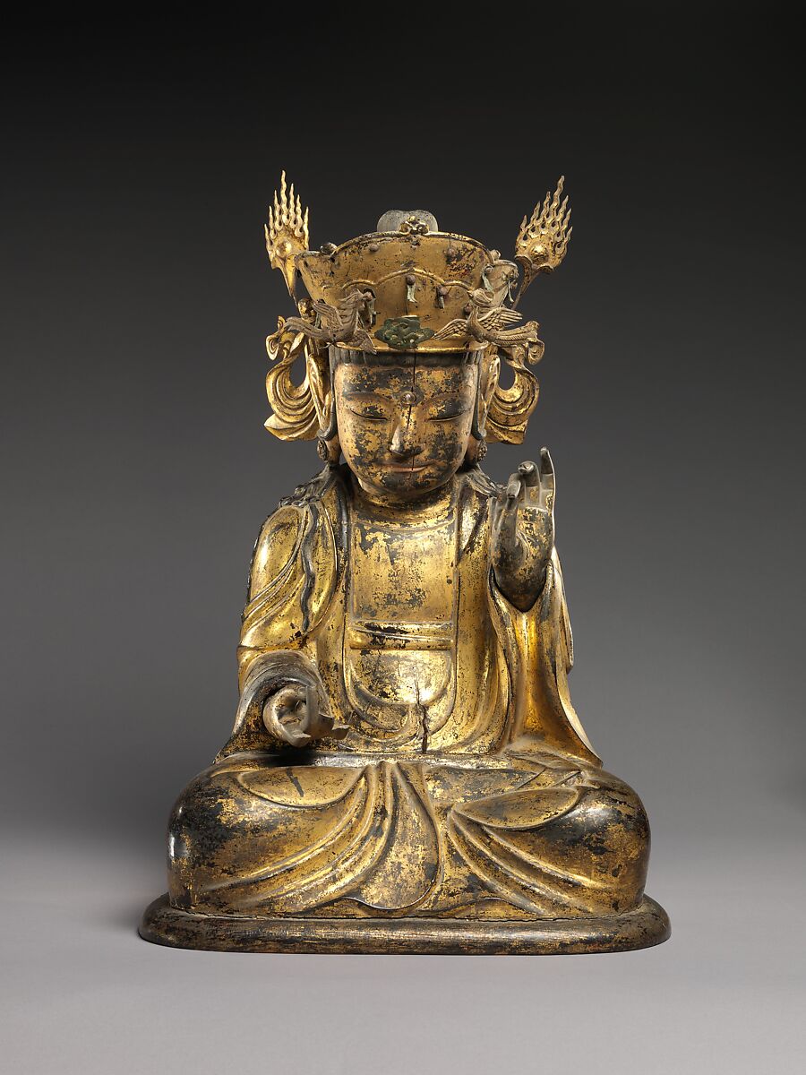 Seated bodhisattva (left attendant of a triad), Gilt wood, Korea 