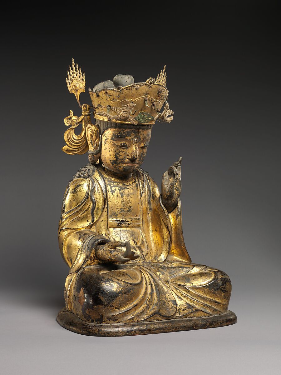 Seated bodhisattva (left attendant of a triad), Gilt wood, Korea