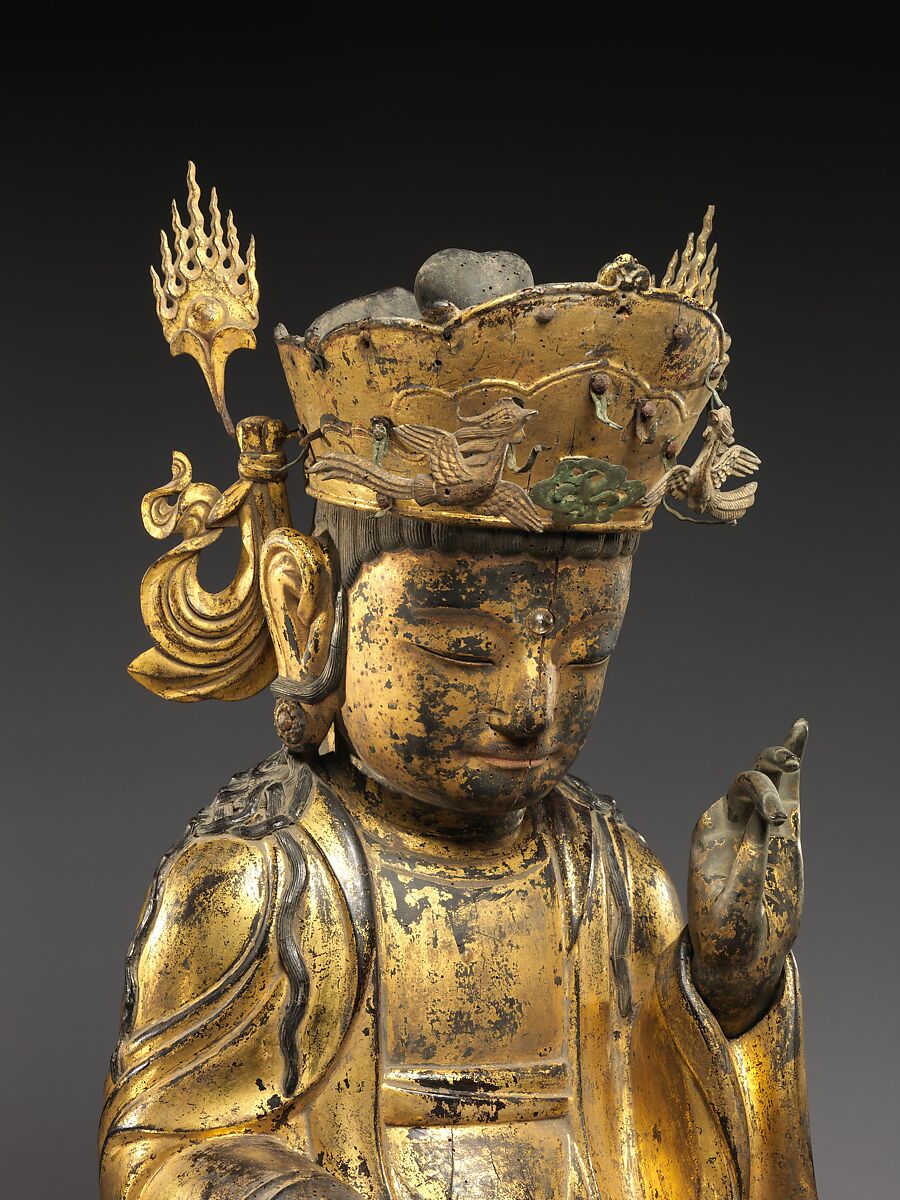 Seated bodhisattva (left attendant of a triad), Gilt wood, Korea