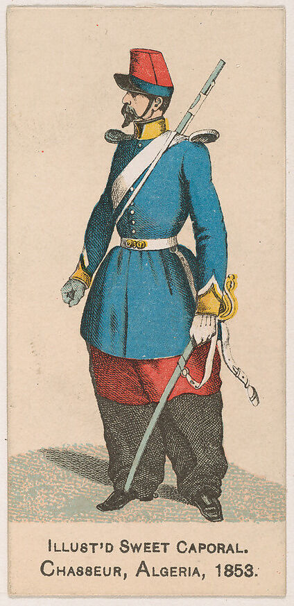Chasseur, Algeria, 1853, from the Military Series (N224) issued by Kinney Tobacco Company to promote Sweet Caporal Cigarettes, Issued by Kinney Brothers Tobacco Company, Commercial color lithograph 