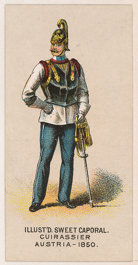 Cuirassier, Austria, 1850, from the Military Series (N224) issued by Kinney Tobacco Company to promote Sweet Caporal Cigarettes, Issued by Kinney Brothers Tobacco Company, Commercial color lithograph 