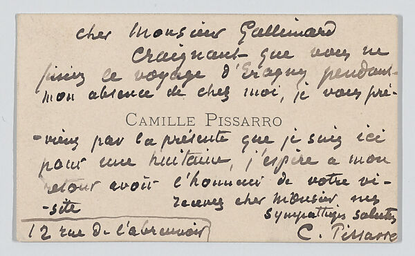 Camille Pissarro, calling card, Anonymous, Letterpress 