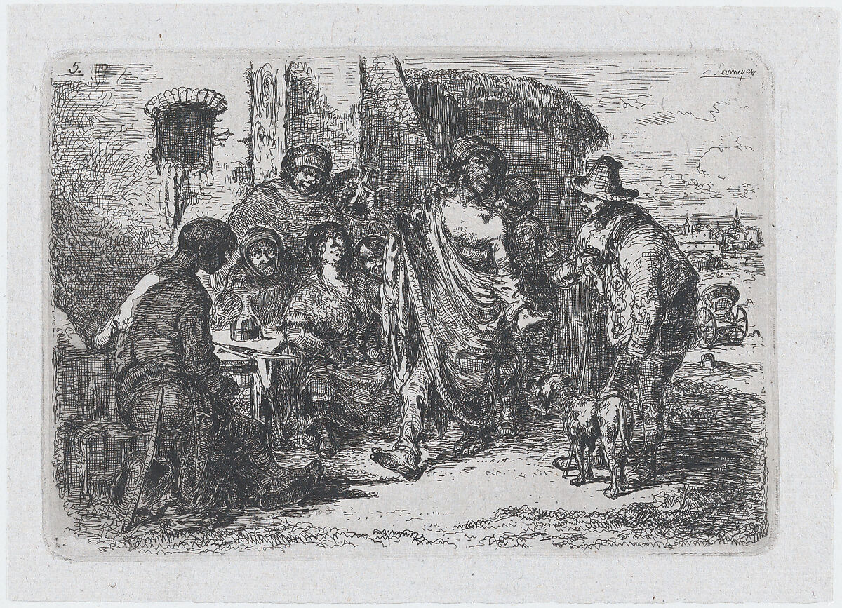 Plate 5: a drunk and dishevelled man dancing in the street surrounded by a group of onlookers, from the series of customs and pastimes of the Spanish people, Francisco Lameyer y Berenguer (Spanish, 1825–1877), Etching 