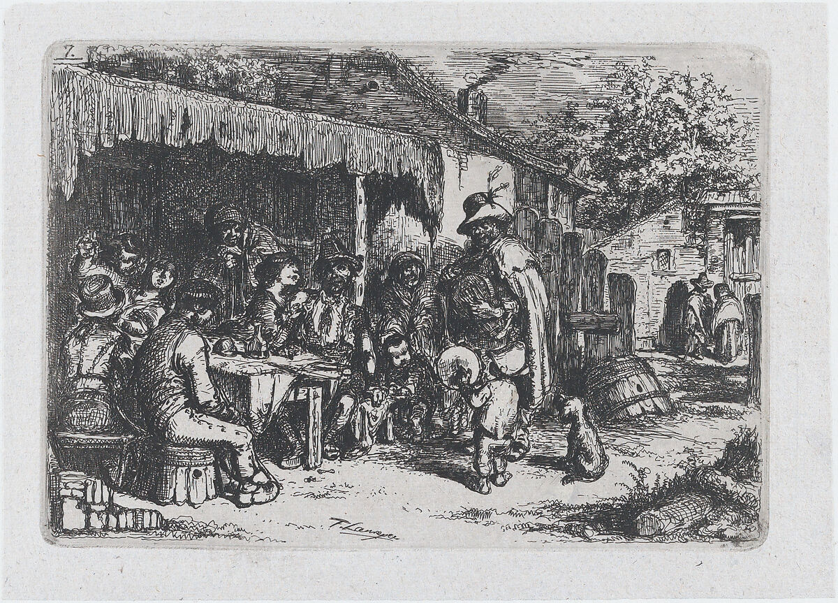 Plate 7: a street musician and a child accomplice playing before a group of seated figures , from the series of customs and pastimes of the Spanish people, Francisco Lameyer y Berenguer (Spanish, 1825–1877), Etching 