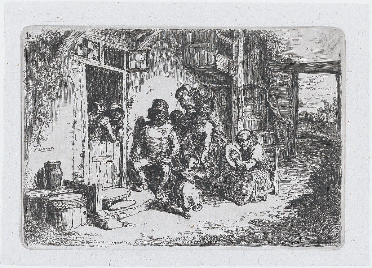 Plate 10: two figures dancing, another seated playing an drum, from the series of customs and pastimes of the Spanish people, Francisco Lameyer y Berenguer (Spanish, 1825–1877), Etching 