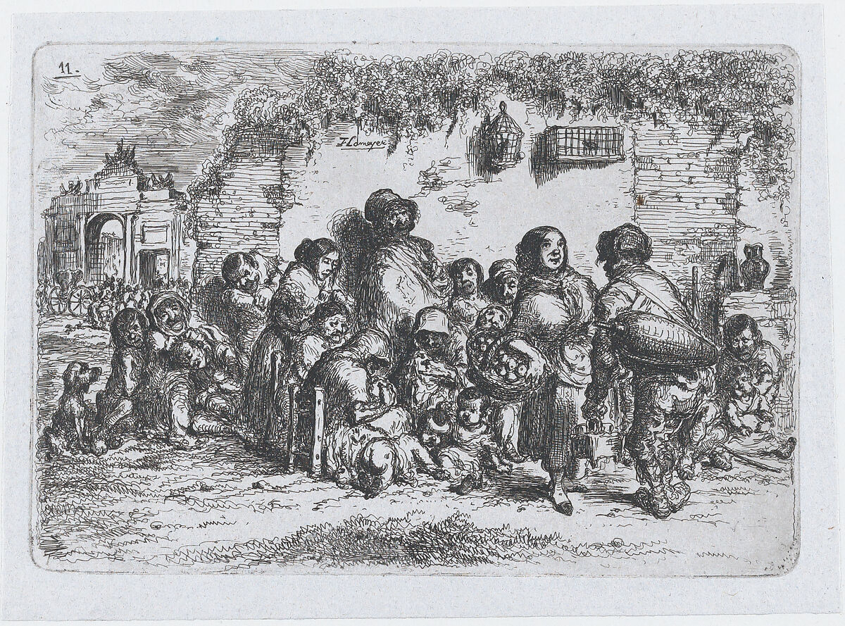 Plate 11: a group of people outdoors, from the series of customs and pastimes of the Spanish people, Francisco Lameyer y Berenguer (Spanish, 1825–1877), Etching 