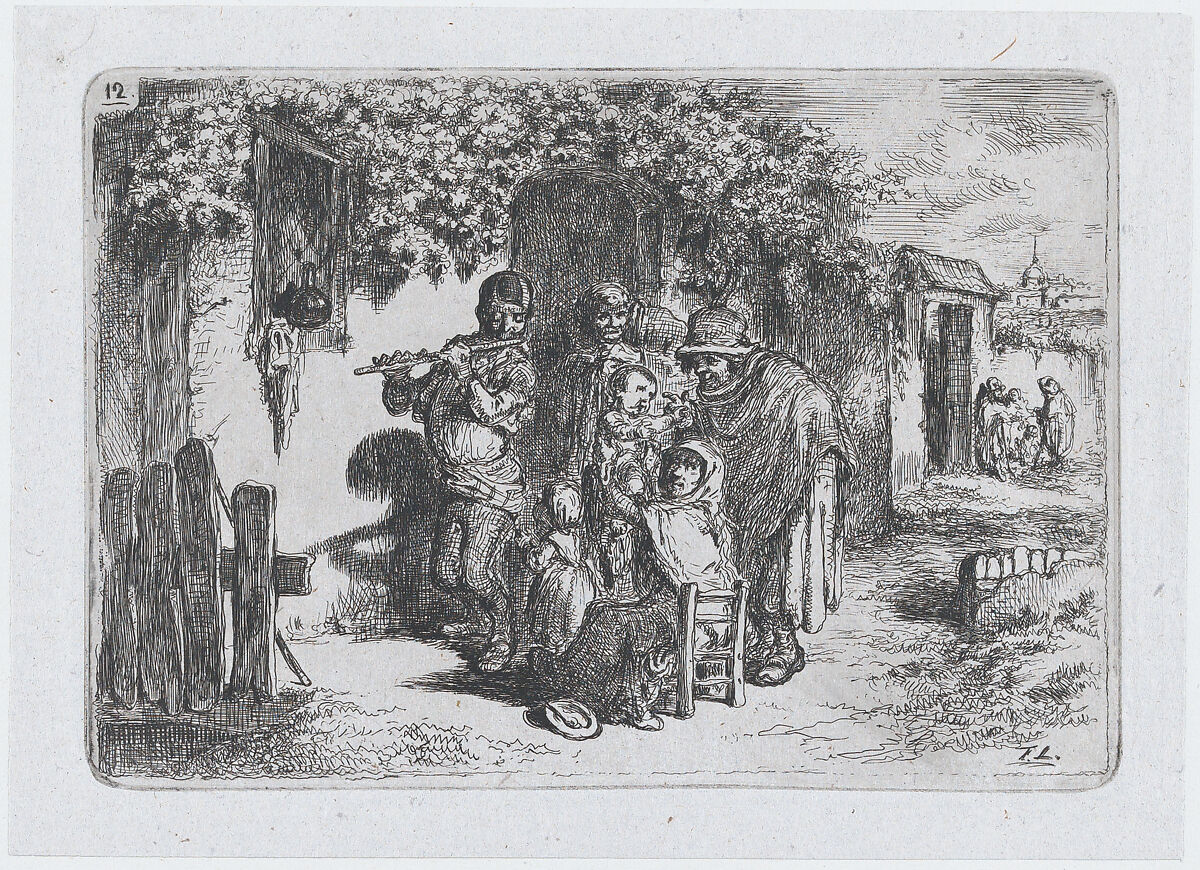 Plate 12: a group of people outdoors including a boy playing a flute, from the series of customs and pastimes of the Spanish people, Francisco Lameyer y Berenguer (Spanish, 1825–1877), Etching 