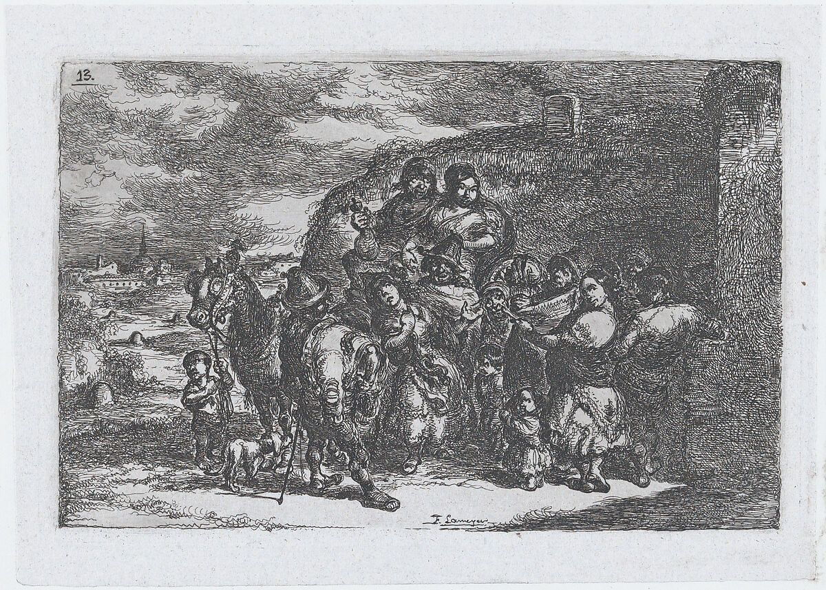 Plate 13: a group of people outdoors including possibly musicians, from the series of customs and pastimes of the Spanish people, Francisco Lameyer y Berenguer (Spanish, 1825–1877), Etching 