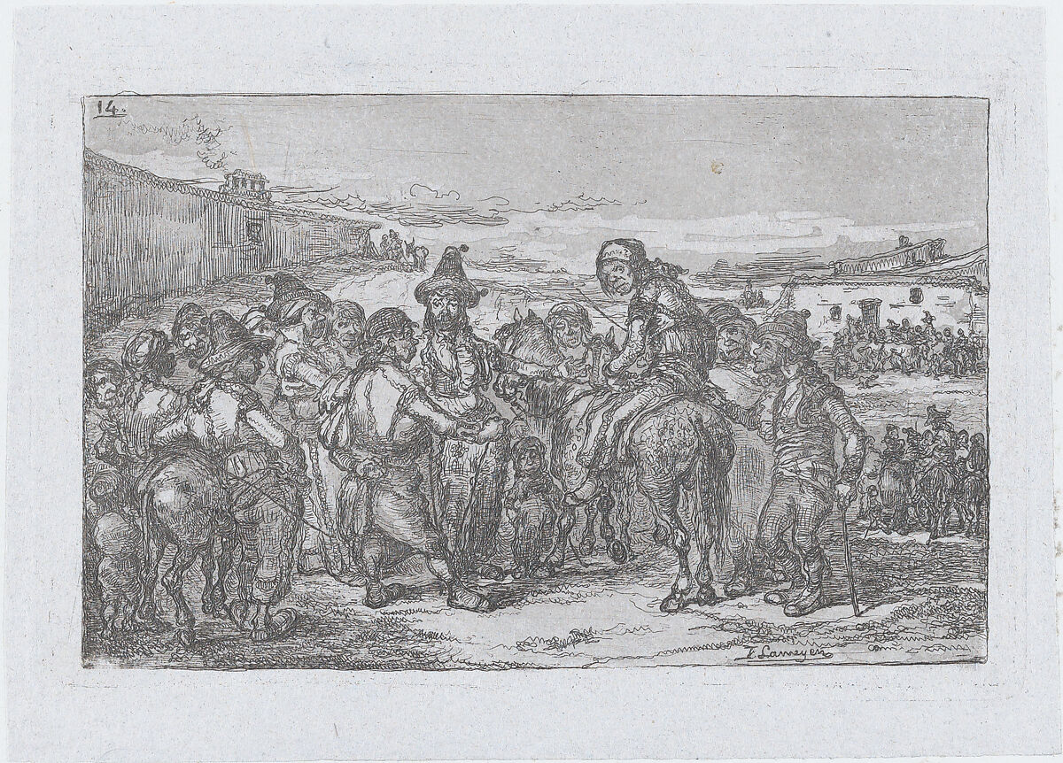 Plate 14: a large group of people outdoors, possibly a troupe of actors, from the series of customs and pastimes of the Spanish people, Francisco Lameyer y Berenguer (Spanish, 1825–1877), Etching and aquatint 