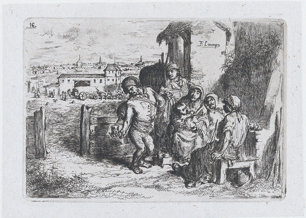 Plate 16: a group of people outdoors, including a man pouring wine or water from a vessel on his back, from the series of customs and pastimes of the Spanish people, Francisco Lameyer y Berenguer (Spanish, 1825–1877), Etching 