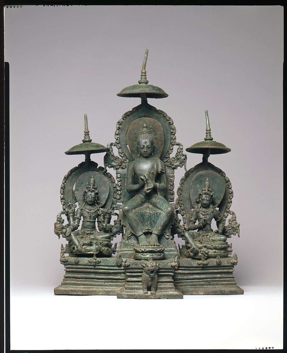 Enthroned Buddha Attended by the Bodhisattvas Avalokiteshvara and Vajrapani, Bronze, Indonesia (Java) 