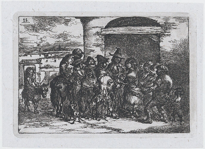 Plate 15: a group of people outdoors, possibly a troupe of actors, from the series of customs and pastimes of the Spanish people