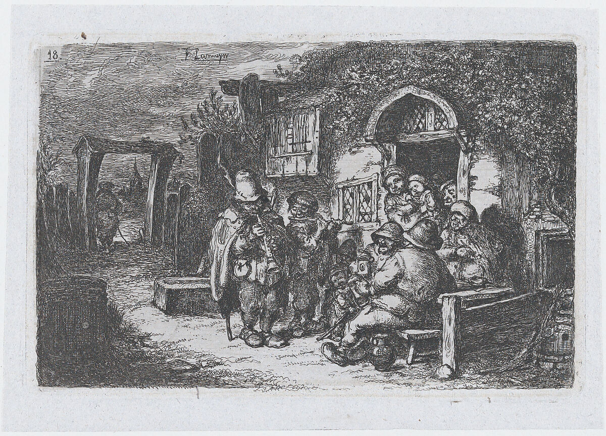 Plate 18: street musicians and other figures outisde a tavern, from the series of customs and pastimes of the Spanish people, Francisco Lameyer y Berenguer (Spanish, 1825–1877), Etching 