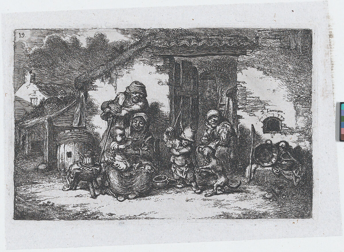 Plate 19: a family and a boy playing with a dog outisde a house, from the series of customs and pastimes of the Spanish people, Francisco Lameyer y Berenguer (Spanish, 1825–1877), Etching 