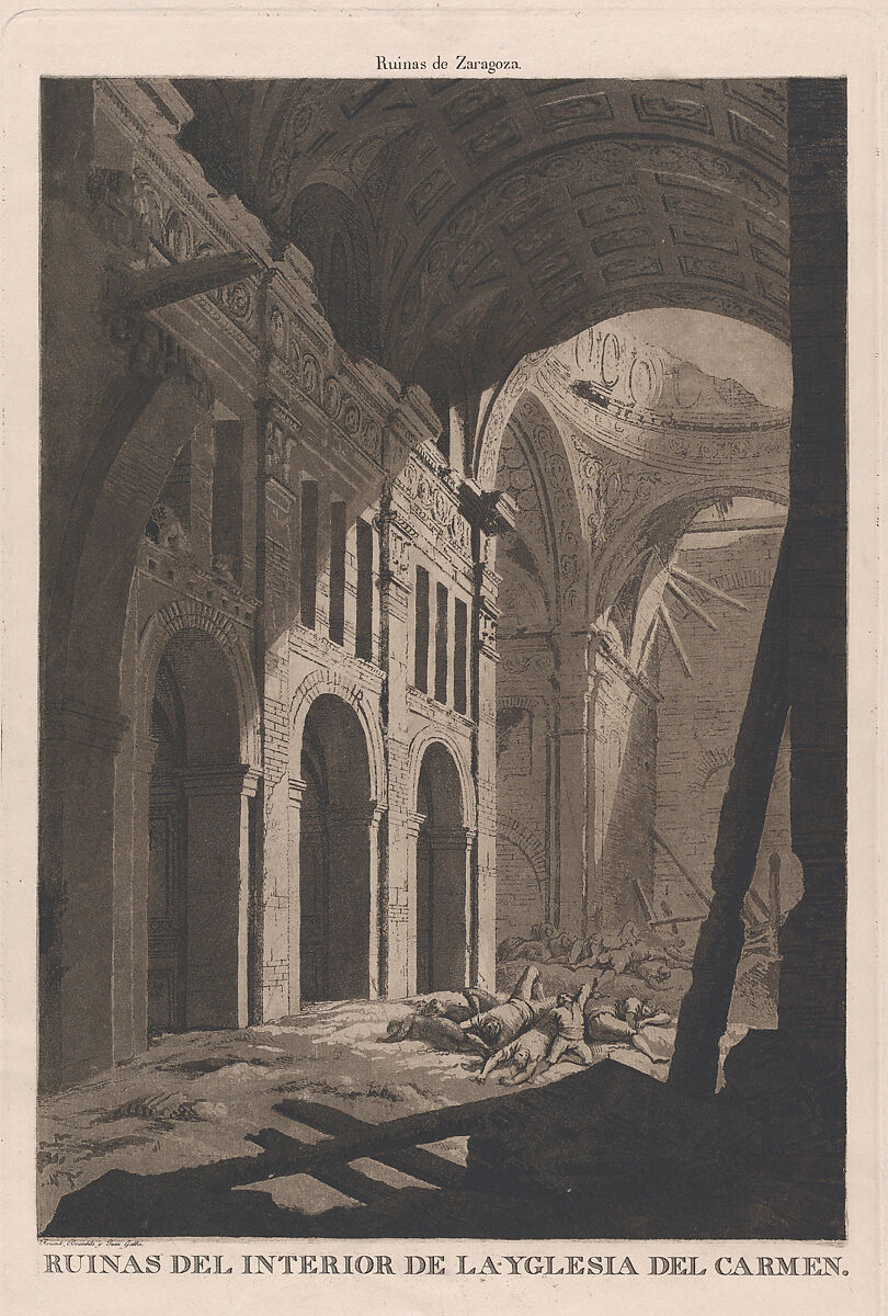 View of the ruins of the interior of the Church of Nuestra Senora del Carmen in Saragossa bombed by the invading French army during the Napoleonic war, Fernando Brambila (Spanish, 1763–1834), Etching and aquatint 