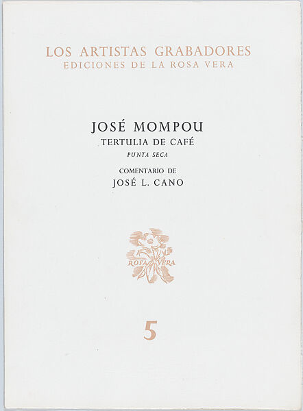 "Tertulia de café", a group of figures seated around a table (number 5), José Mompou (Spanish, 1888–1968), Sheet folded in half with letterpress title and publication details on front, poem by Cano on inside cover facing the print (drypoint) 