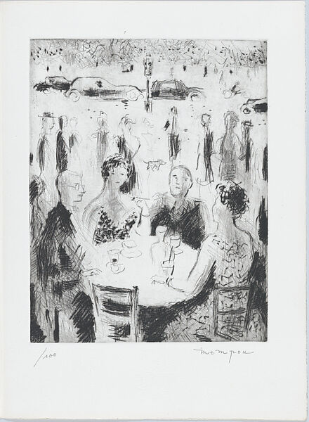 "Tertulia de café", a group of figures seated around a table (number 5), José Mompou (Spanish, 1888–1968), Sheet folded in half with letterpress title and publication details on front, poem by Cano on inside cover facing the print (drypoint)