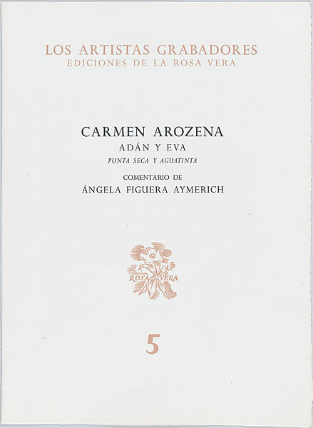 Adam and Eve (number 5), Carmen Arozena (Spanish, La Palma 1917–1963 Madrid), Sheet folded in half with letterpress title and publication details on front, poem by Aymerich on inside cover facing the print (etching) 