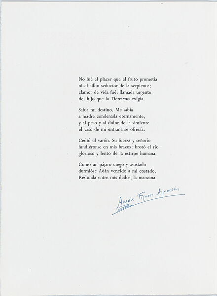 Adam and Eve (number 5), Carmen Arozena (Spanish, La Palma 1917–1963 Madrid), Sheet folded in half with letterpress title and publication details on front, poem by Aymerich on inside cover facing the print (etching)