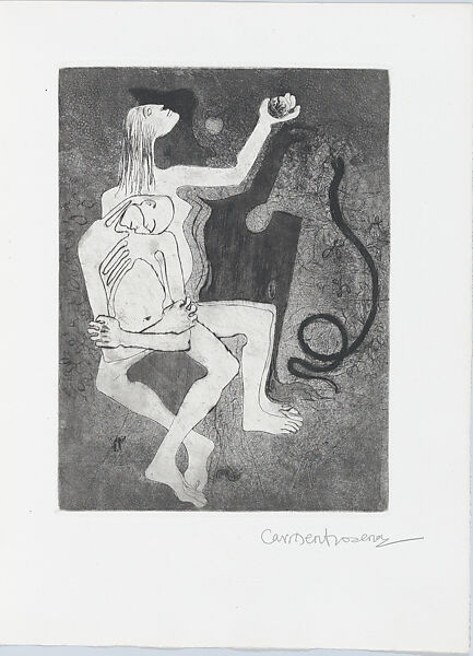 Adam and Eve (number 5), Carmen Arozena (Spanish, La Palma 1917–1963 Madrid), Sheet folded in half with letterpress title and publication details on front, poem by Aymerich on inside cover facing the print (etching)