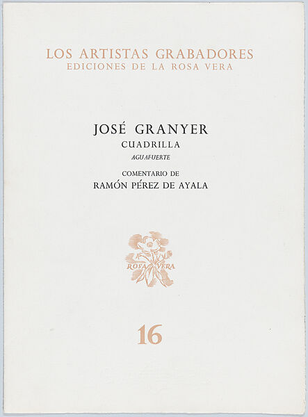 "Caudrilla" bulls standing on hind legs in a group (number 16), José (Josep) Granyer (Spanish, Barcelona 1899–1983 Barcelona), Sheet folded in half with letterpress title and publication details on front, poem by Pérez de Ayala on inside cover facing the print (etching) 
