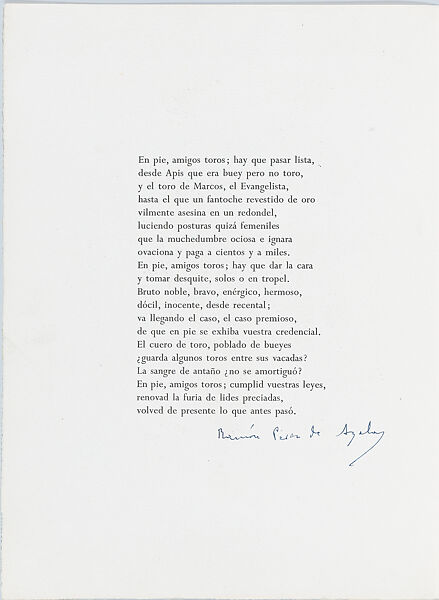 "Caudrilla" bulls standing on hind legs in a group (number 16), José (Josep) Granyer (Spanish, Barcelona 1899–1983 Barcelona), Sheet folded in half with letterpress title and publication details on front, poem by Pérez de Ayala on inside cover facing the print (etching)
