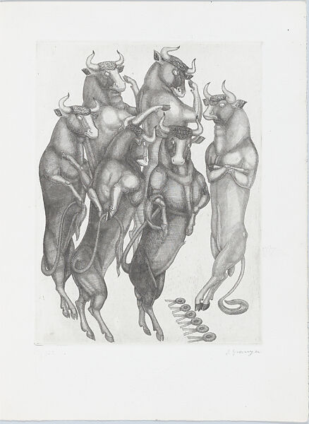 "Caudrilla" bulls standing on hind legs in a group (number 16), José (Josep) Granyer (Spanish, Barcelona 1899–1983 Barcelona), Sheet folded in half with letterpress title and publication details on front, poem by Pérez de Ayala on inside cover facing the print (etching)
