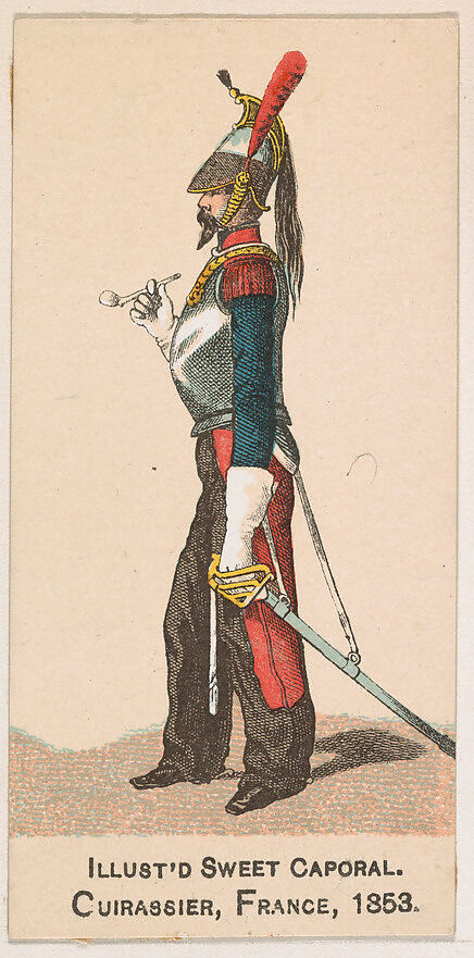 Cuirassier, France, 1853, from the Military Series (N224) issued by Kinney Tobacco Company to promote Sweet Caporal Cigarettes, Issued by Kinney Brothers Tobacco Company, Commercial color lithograph 