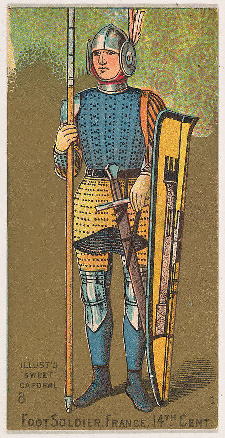 Foot Soldier, France, 14th Century, from the Military Series (N224) issued by Kinney Tobacco Company to promote Sweet Caporal Cigarettes, Issued by Kinney Brothers Tobacco Company, Commercial color lithograph 