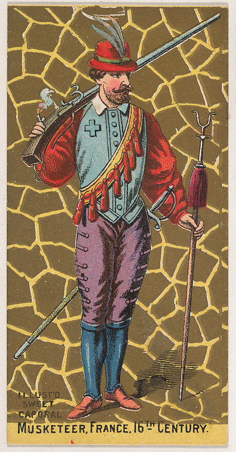 Musketeer, France, 16th Century, from the Military Series (N224) issued by Kinney Tobacco Company to promote Sweet Caporal Cigarettes, Issued by Kinney Brothers Tobacco Company, Commercial color lithograph 