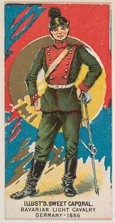 Bavarian Light Cavalry, Germany, 1886, from the Military Series (N224) issued by Kinney Tobacco Company to promote Sweet Caporal Cigarettes, Issued by Kinney Brothers Tobacco Company, Commercial color lithograph 